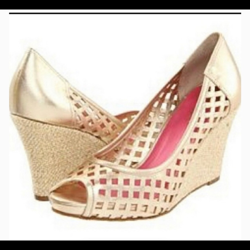 Lilly Pulitzer Gold Basketweave Peep Toe Wedges 8
